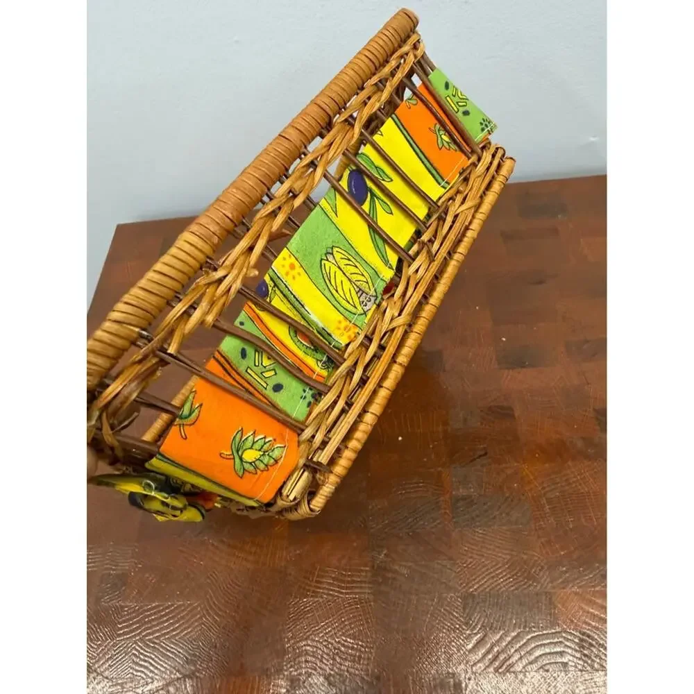 Vintage Woven Wicker Basket Lined with Colorful Fabric with Olive Motif